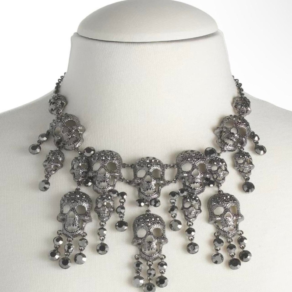 Natasha Skull Bib Necklace Rhinestone Silver Tone Gothic Statement NWT